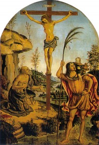 Crocifisso tra i santi Girolamo e Cristoforo, anno 1475 circa, tecnica ad olio su tavola, 59 x 40 cm., Galleria Borghese, Roma.